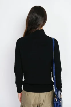 Pull en Cachemire & Soie mélangés col montant boutonné noir