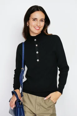 Pull en Cachemire & Soie mélangés col montant boutonné noir