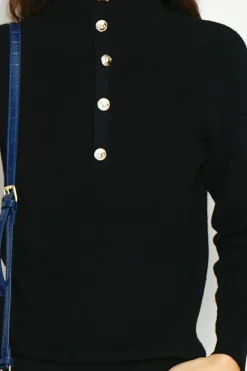 Pull en Cachemire & Soie mélangés col montant boutonné noir