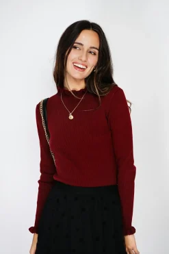 Pull en Cachemire & Soie mélangés col montant bordeaux