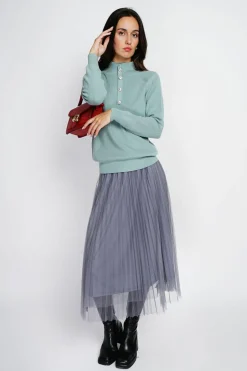 Pull en Cachemire & Soie mélangés col montant boutonné jade