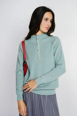 Pull en Cachemire & Soie mélangés col montant boutonné jade