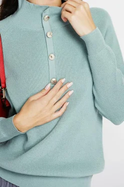 Pull en Cachemire & Soie mélangés col montant boutonné jade