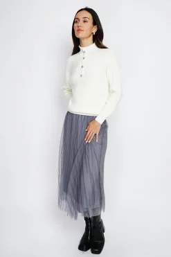 Pull en Cachemire & Soie mélangés col montant boutonné naturel