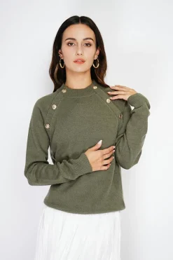 Pull en Cachemire mélangé boutons fantaisie kaki