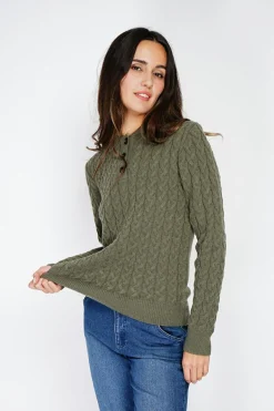 Pull en Cachemire mélangé col boutonné kaki