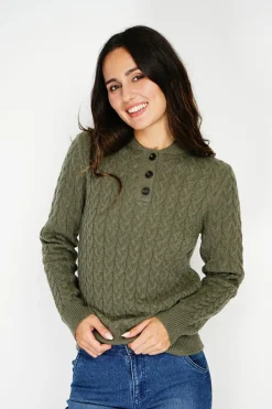 Pull en Cachemire mélangé col boutonné kaki