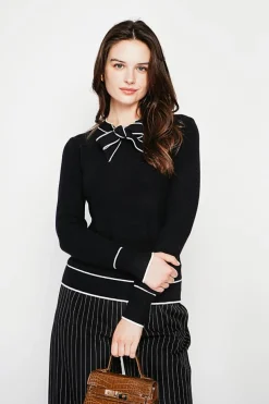 Pull en Cachemire mélangé col V à noeud noir