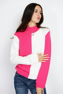 Pull en Cachemire mélangé col montant naturel/fushia