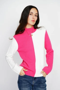 Pull en Cachemire mélangé col montant naturel/fushia