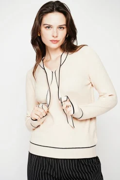 Pull en Cachemire mélangé col V à noeud crème