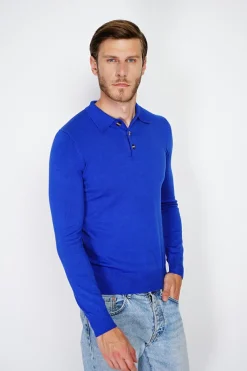 Pull en Cachemire mélangé col polo à boutons royal