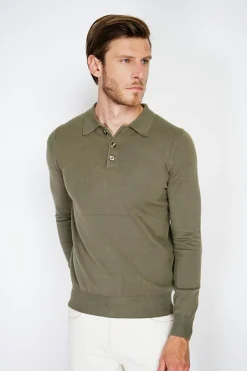 Pull en Cachemire mélangé col polo à boutons kaki