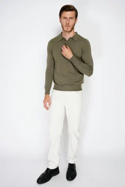 Pull en Cachemire mélangé col polo à boutons kaki