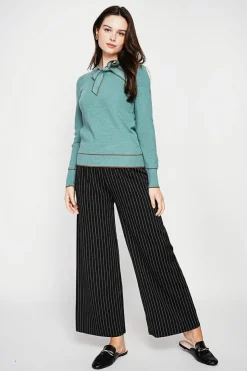 Pull en Cachemire mélangé col V à noeud turquoise