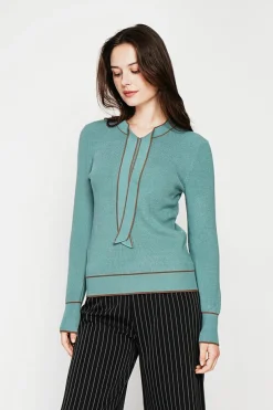 Pull en Cachemire mélangé col V à noeud turquoise