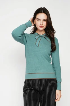 Pull en Cachemire mélangé col V à noeud turquoise