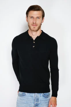 Pull en Cachemire mélangé col polo à boutons noir