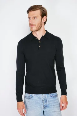 Pull en Cachemire mélangé col polo à boutons noir