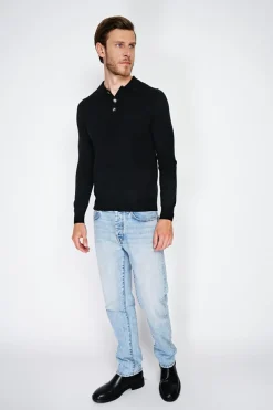 Pull en Cachemire mélangé col polo à boutons noir