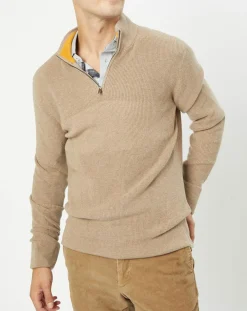 Pull en Coton & Cachemire 1/2 zip Cah Rib beige