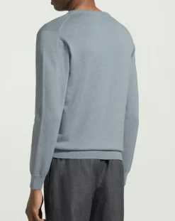 Pull en Coton & Soie col V bleu moyen chiné