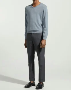 Pull en Coton & Soie col V bleu moyen chiné