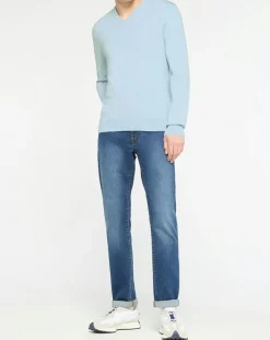 Pull en Coton & Soie col V bleu ciel