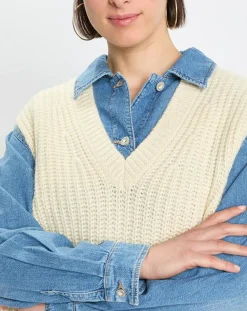 Pull en Coton, Laine & Alpaga mélangés sans manches écru