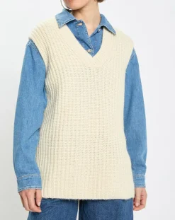 Pull en Coton, Laine & Alpaga mélangés sans manches écru