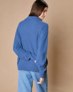 Pull en Laine & Cachemire mélangés Maia 1/2 zip bleu chiné