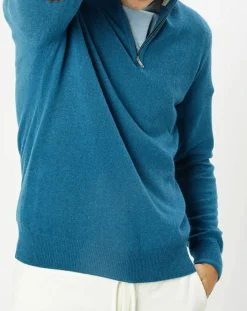Pull en Laine & Cachemire mélangés 1/2 zip bleu clair