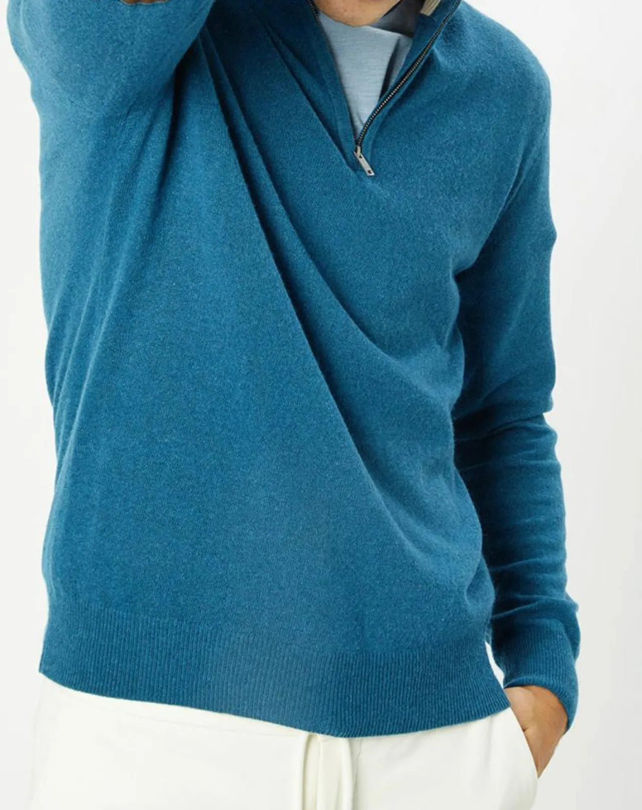 Pull en Laine & Cachemire mélangés 1/2 zip bleu clair