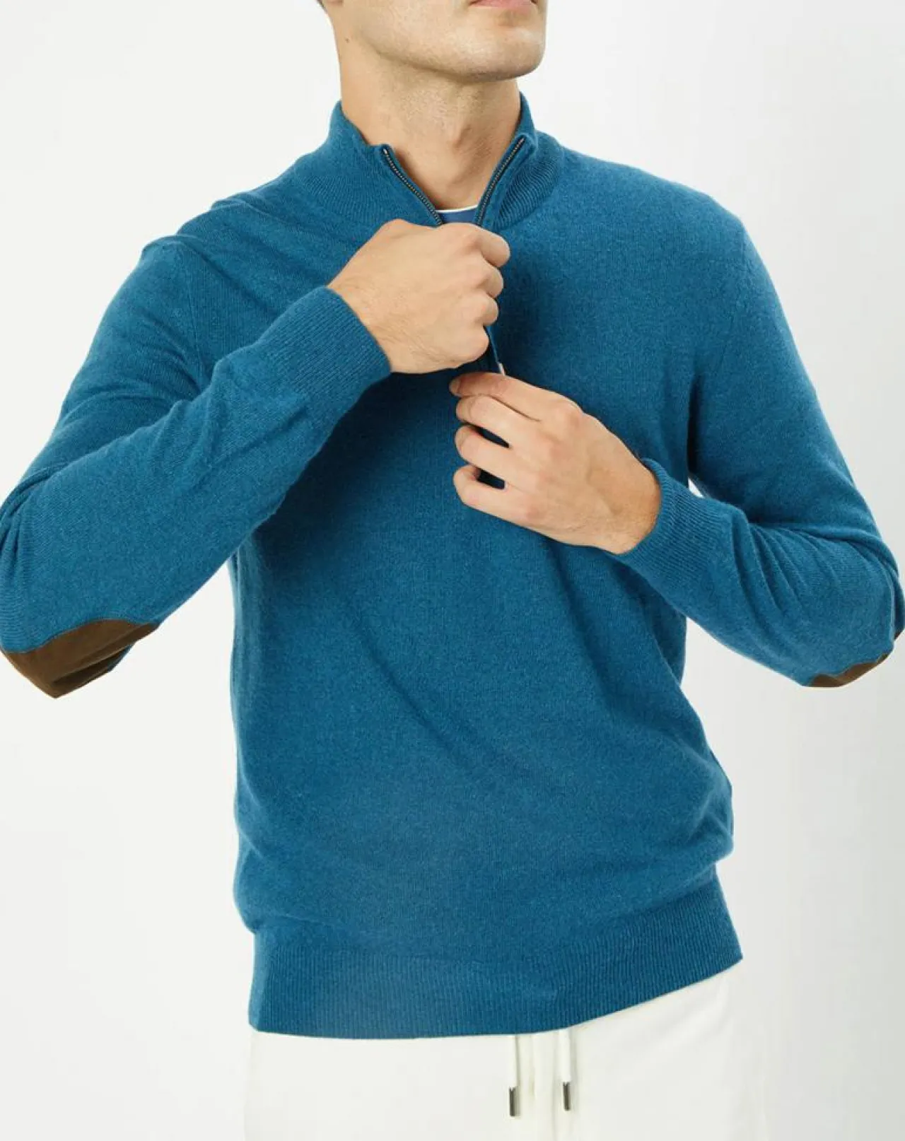 Pull en Laine & Cachemire mélangés 1/2 zip bleu clair