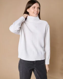 Pull en Laine & Cachemire Ambre col montant 4 côtes écru