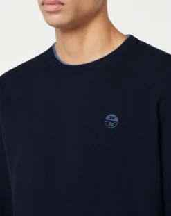 Pull en Laine & Cachemire mélangés col rond bleu marine