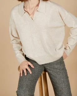 Pull en Laine & Cachemire Paloma col polo beige chiné