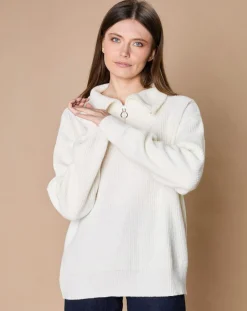 Pull en Laine & Cachemire mélangés Maia 1/2 zip écru