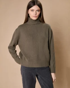 Pull en Laine & Cachemire Ambre col montant 4 côtes kaki