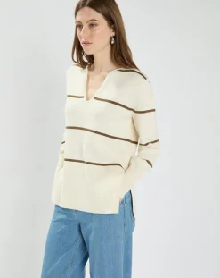 Pull en Laine & Coton Nolyn rayures écru/kaki
