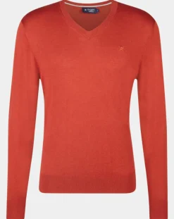 Pull en Laine mélangée col V coudières orange/rouge