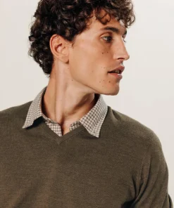 Pull Ernest 100% laine col V marron écorce