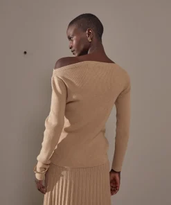 Pull Ezia, col bateau côtelé marron moka