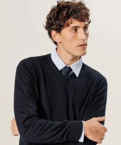 Pull Gaspard 100% laine col V bleu nuit
