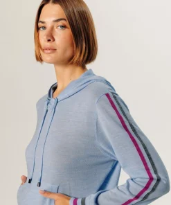 Pull Jocelyne 100% laine capuche tricolore bleu ciel