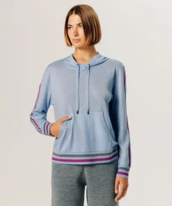 Pull Jocelyne 100% laine capuche tricolore bleu ciel