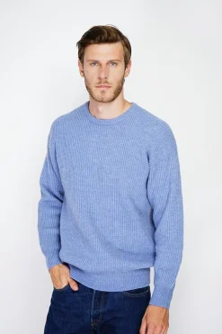 Pull large en Cachemire mélangé ras du cou à côtes bleu jeans
