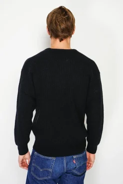 Pull large en Cachemire mélangé ras du cou à côtes noir