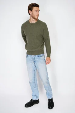 Pull large en Cachemire mélangé ras du cou à côtes kaki