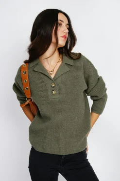 Pull large en Cachemire mélangé col polo kaki